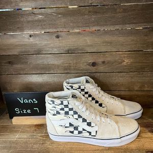 Womens Vans Sk8-Hi‎ Ivory Suede Checkerboard Flames Sneakers Shoes Size 7M 8.5W